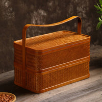 Bamboo Carry Box with Lid Handwoven Two-Tier Woven Basket Bamboo Basket with Handle Double-Layer Vintage-Style for Hosts