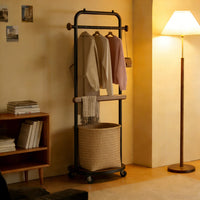 Bedroom Floor Coat Rack with Laundry Basket, Mobile, Space-Saving
