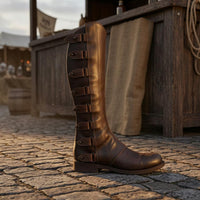 PU Leather Medieval Boot Cover Metal Hardware Renaissance Boot Cover Stitched Panels Medieval Leg Gaiters Pointed Front