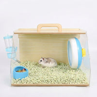 Portable Hamster Cage with Full View Acrylic Hamster Cage Walls, Wood Handle Travel Hamster Cage for Small Pet Travel and Outdoor Travel Use