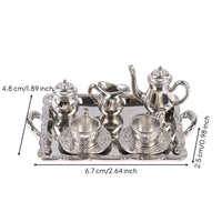8 Pieces Metal Miniature Tea Set with Tray Elegant Dollhouse Tea Set Silver Detailed for Photographers