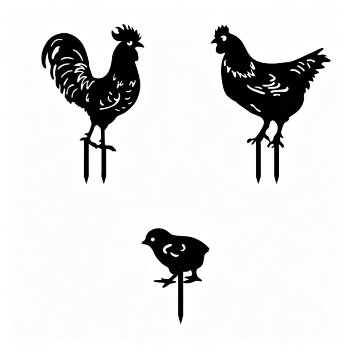 3 Pieces Perforated Chicken Cutout Stakes Outdoor Black Metal Garden Stake Weather Resistant for Lawn