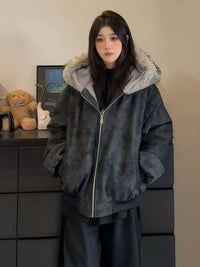冬季新款大理石座山雕连帽绒毛棉衣外套男女冬季PU皮加厚保暖棉服