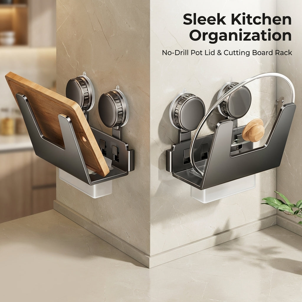 Pot Lid Rack and Wall Mount Storage for Kitchen, with Suction Cup, No-Drill Carbon Steel Organizer
