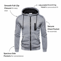 Men's Fleece Sweatshirt with Closure Jacket with Seam Insert Pockets for Casual Wear and Everyday Use, Regular Fit Polyester Hoodie for Young Adults