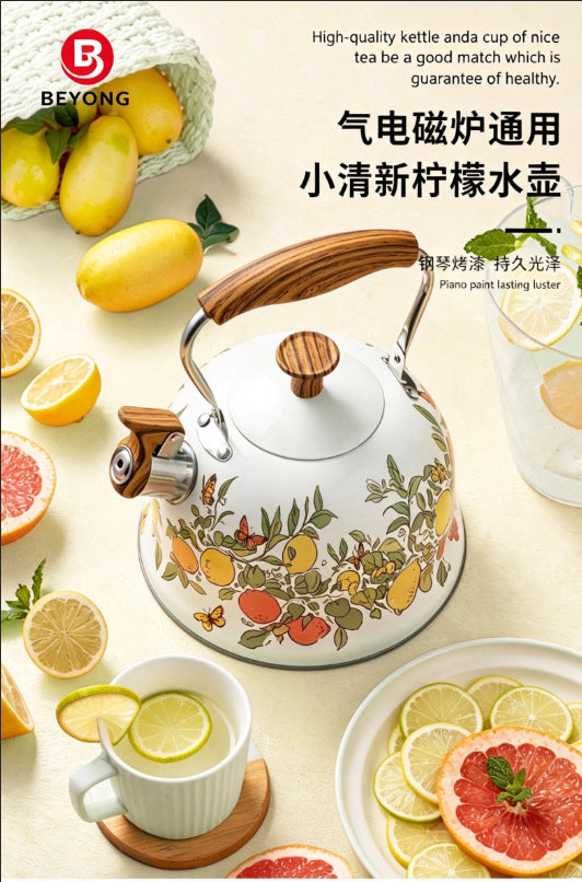 Vintage Lemon Painted Whistling Kettle with Wooden Handle, Stainless Steel