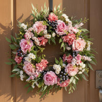 flower wreath Pink Rose and Blueberry Wreath Flower Garland for Wall Decor, Farmhouse, Wedding