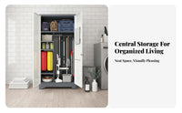 Lockable Narrow Cleaning Supply Organizer Pegboard Back Panel Single-Door Broom Closet Space-Saving Design Utility Cabinet Raised Feet for Apartment Dwellers, Raisedice Managers, Balcony, Laundry Room, Basement, Bathroom