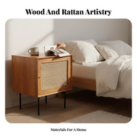 Rattan-Front Nightstand Japanese Design Bedside Table Sturdy Wood Legs Minimalist Design for Adults, Bedroom, Living Room