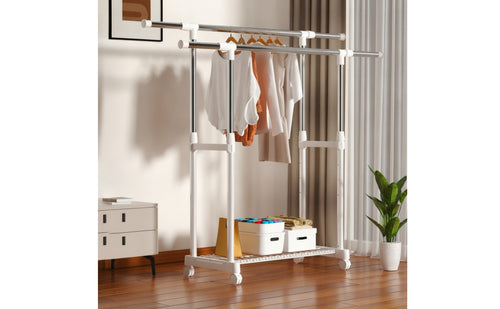 Adjustable Clothes Drying Rack with Wheels Space-Saving Clothes Rack with Double Rods Heavy-Duty Portable for Laundry Room, Bedroom