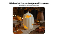 Flat White Pumpkin with Nocturnal Mammal | Compact 15cm Height, Light-up Pumpkin, for Table