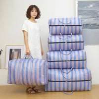 Sapphire and White Striped Laundry Bags, Heavy Duty Bags for Moving, Reusable Woven Polypropylene Storage with Zipper and Fabric Handles, 1 Pack