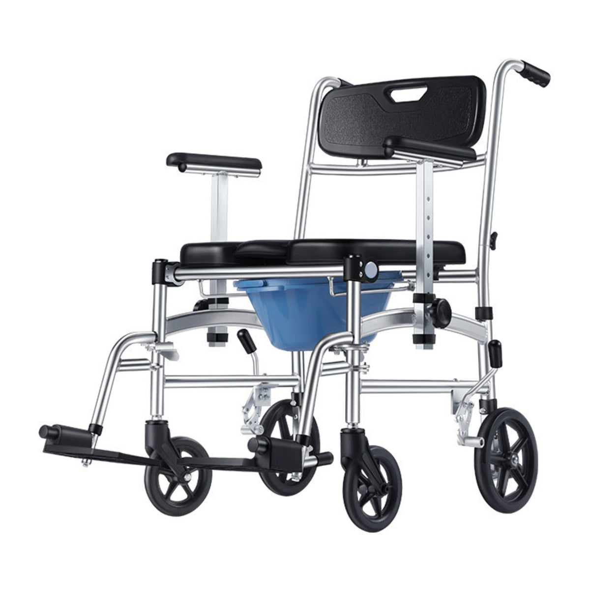 Padded Wheeled Commode Chair Aluminum Commode Chair with Wheels Sturdy Portable Toilet with Container Comfortable for Disabled, Elderly, Bedside
