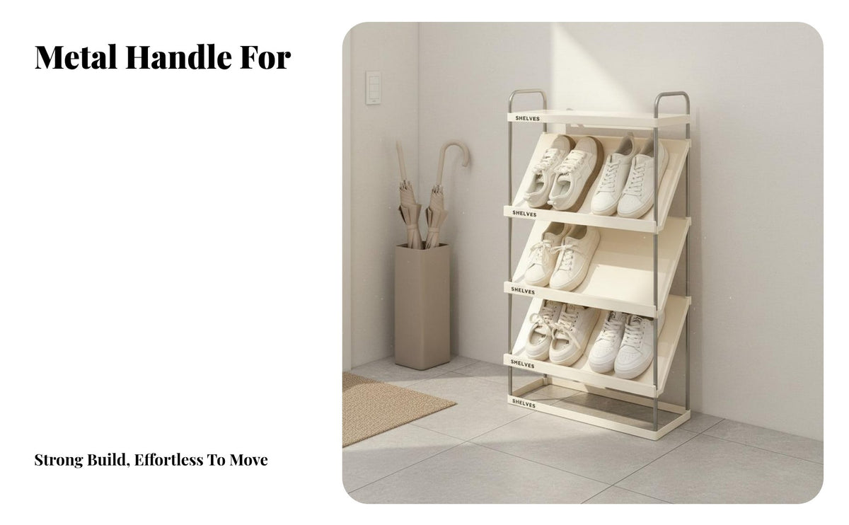 Stainless Steel Frame Narrow Slanted Shoe Shelf Space-Saving Design Slim Entryway Shoe Stand Sturdy Construction Household Storage Easy Assembly for Apartment Dwellers, Homeowners, Hallway, Bedroom, Behind the Door, Living Room