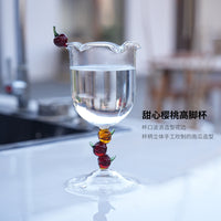 高级感樱桃高脚杯香槟杯葡萄酒杯子高颜值彩色南瓜手柄甜酒果汁杯