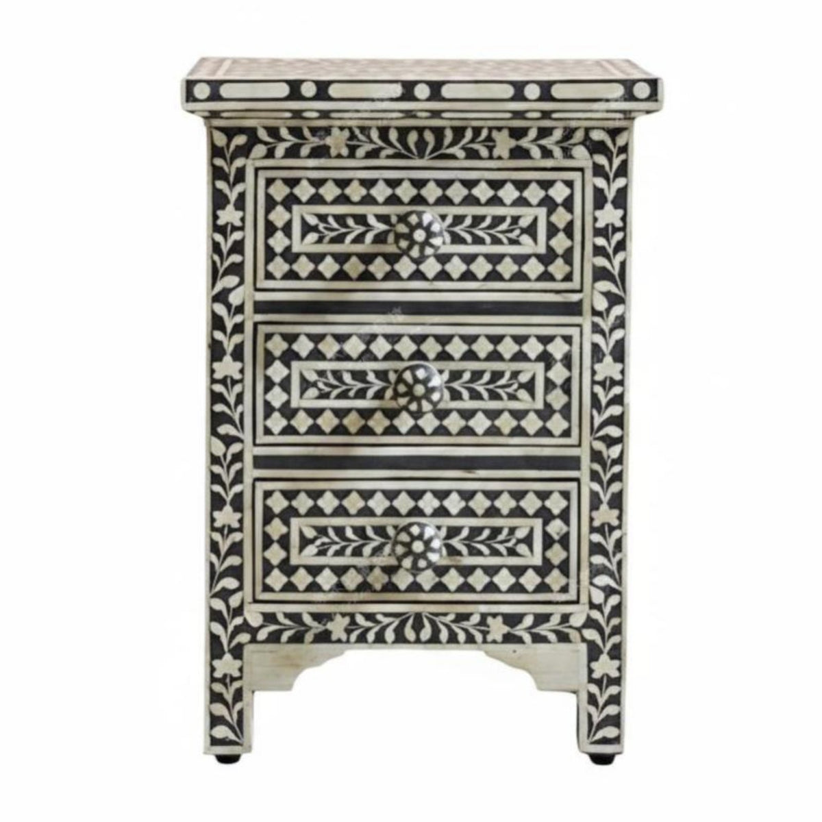 2-Drawer Nightstand with Floral Painting Distressed Finish Bedside Table Vintage Look Curved Legs for Apartment Dwellers