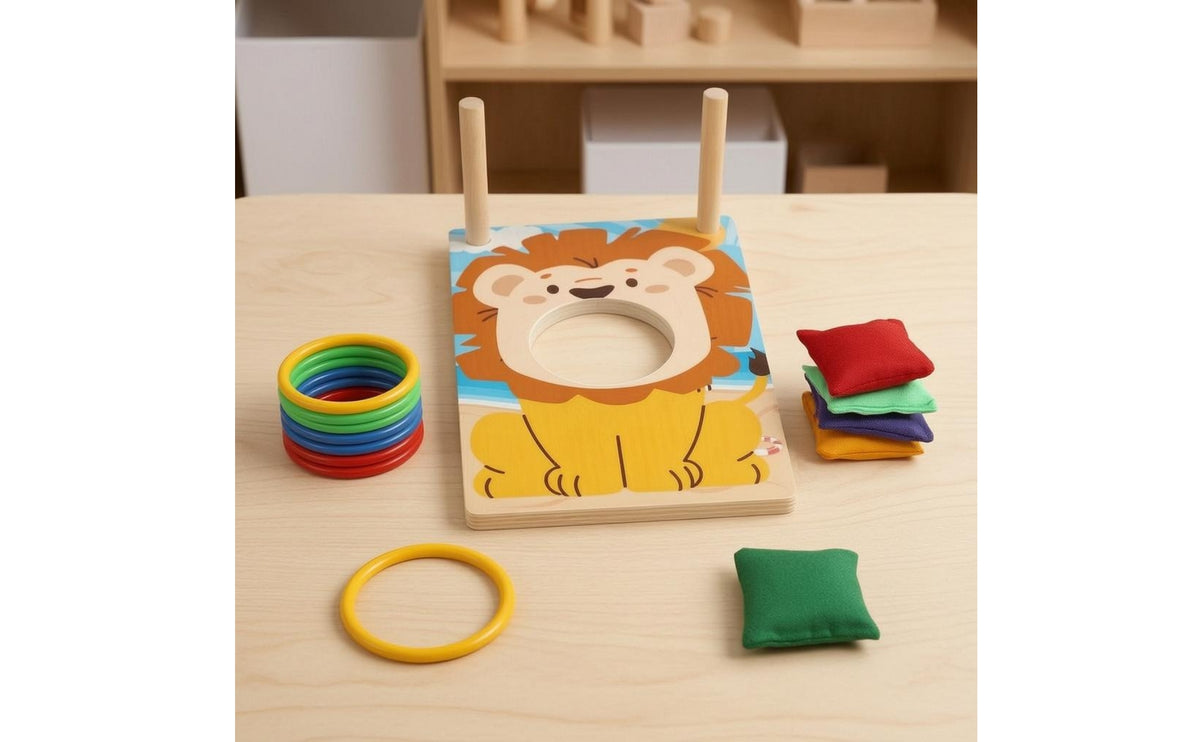 Hand-Eye Coordination Lion Toss Board Interactive Wooden Hoop Toss Board Colorful Tabletop Tossing Game Scoring Pegs