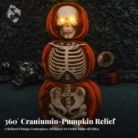Spooky Skeleton Pumpkin Statue | Distressed Vintage Look, Halloween Tabletop Ornament with Light-up Eyes, Compact Freestanding Design, for Entryway