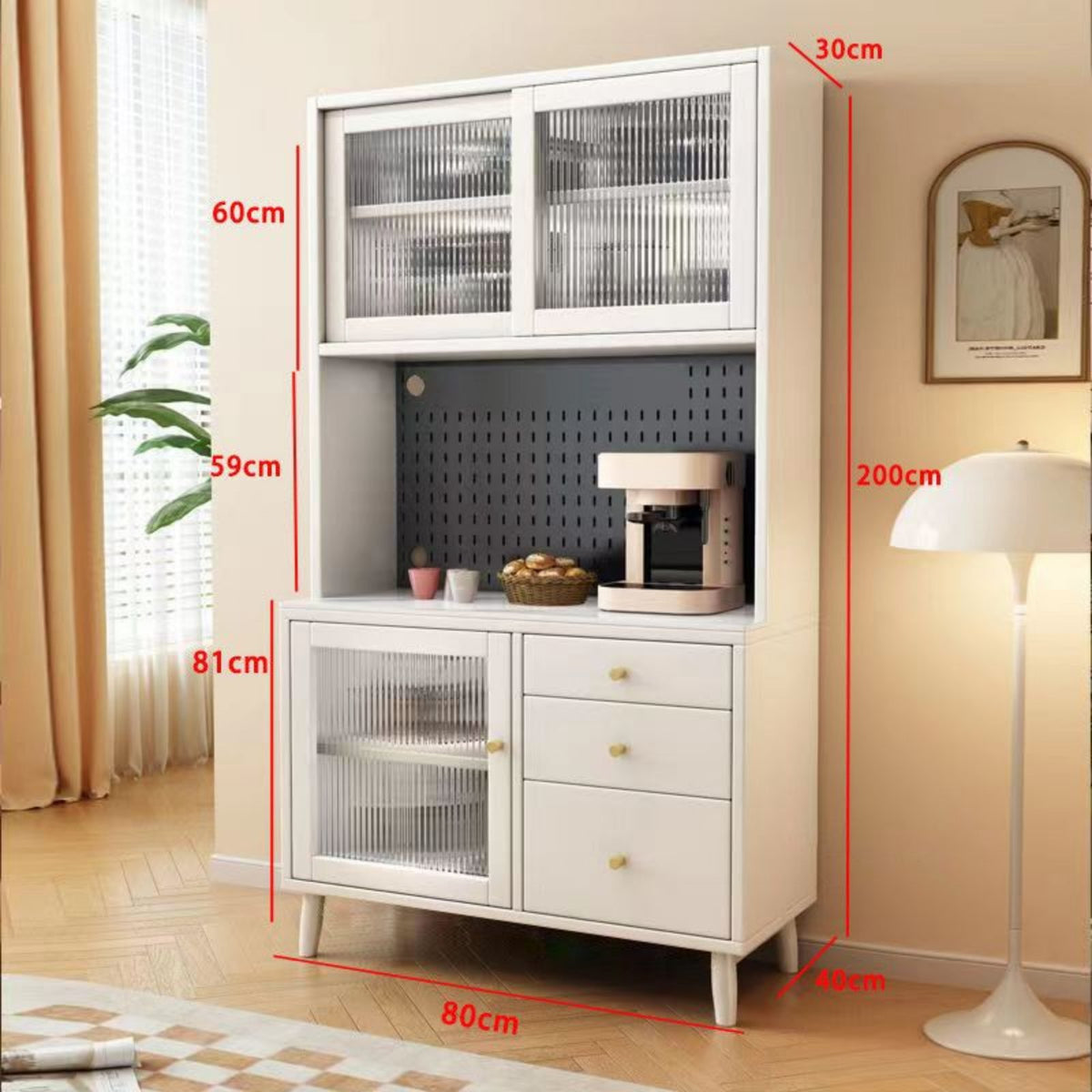 Sintered Stone Top Sideboard Storage Cabinet Buffet Cabinet Fluted Glass Drawers Multifunctional Hard-wearing Surface Suitable for Homeowners Families Dining Room Kitchen Hallway
