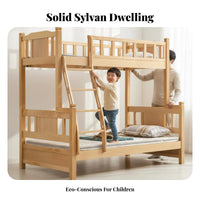 Solid Wood Bunk Bed Space-Saving Design Childrens Wooden Bed Guardrail Bedroom Furniture for Children, Kids, Small Areas, Dormitory, Apartment