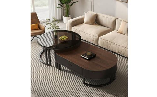 2 Pieces Sleek-Profile Nesting Coffee Table Set Space-Saving Oval Nesting Tables Metal Furniture Elegant for Small Apartments