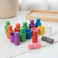24 Pieces Develops Fine Movement Skills Color Sorting Peg People Toy Materials Wooden Peg Dolls and Cups Unrestricted-Ended Play
