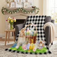 Easter Fleece Throw Blanket Soft Flannel Buffalo Check Bunny Bed Throw Watercolour Animal Print Spring Sofa Cover for Living Room Bedroom Kids Gift