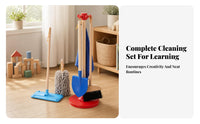 6 Pieces Storage Stand Wooden Cleaning Toy Set Role-Play Pretend Cleaning Kit Bristle and Textile Heads Kids Broom Mop Set Colored Parts for Children