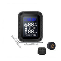 Motorcycle Tire Pressure tracking System, cordless TPMS, live LCD display, waterproof, temperature alarm, compatible with multiple design S of S designs.