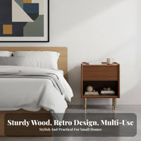 Modernist Inspired Bedside Cabinet with Storage Vintage aesthetic Retro End Table with Open Shelf Space-Saving Nightstand Minimalist Look for Renters, Homeowners, Students, Small Spaces, Apartment, Guest Room, Sofa Side