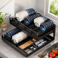 Black Pull Out Dish Rack, Extendable Dish Drainer Telescopic, Anti Rust Drying Rack for Cabinet, Large Capacity Drawer Dish Rack with Drainage