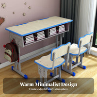 Double Student Desk and Chair Set Heavy-Duty Steel Frame Adjustable Height School Desk Construction Two Person Study Table Set for Teens, Home