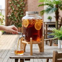 Glass Jar Drink Dispenser with Metal Stand, 5L Glass Water Container for Home Bar, Round Iced Tea Party Beverage Jug with Stainless Steel Tap
