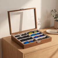 Walnut Eyeglass Organizer Wooden Sunglass Display Case Decorative Glasses Box with Transparent Lid Modern for Countertop