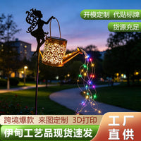 Solar Iron Art Flower Fairy Watering Can Garden Light