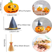 24-Piece Halloween Mini Witch Hats and Broomsticks with Pumpkin Heads for Halloween Party