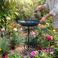 Metal Bird Bath for Native Birds, 17.7 inch Outdoor Bird Feeder, Weather Resistant Garden Art for Backyard, Navy Blue