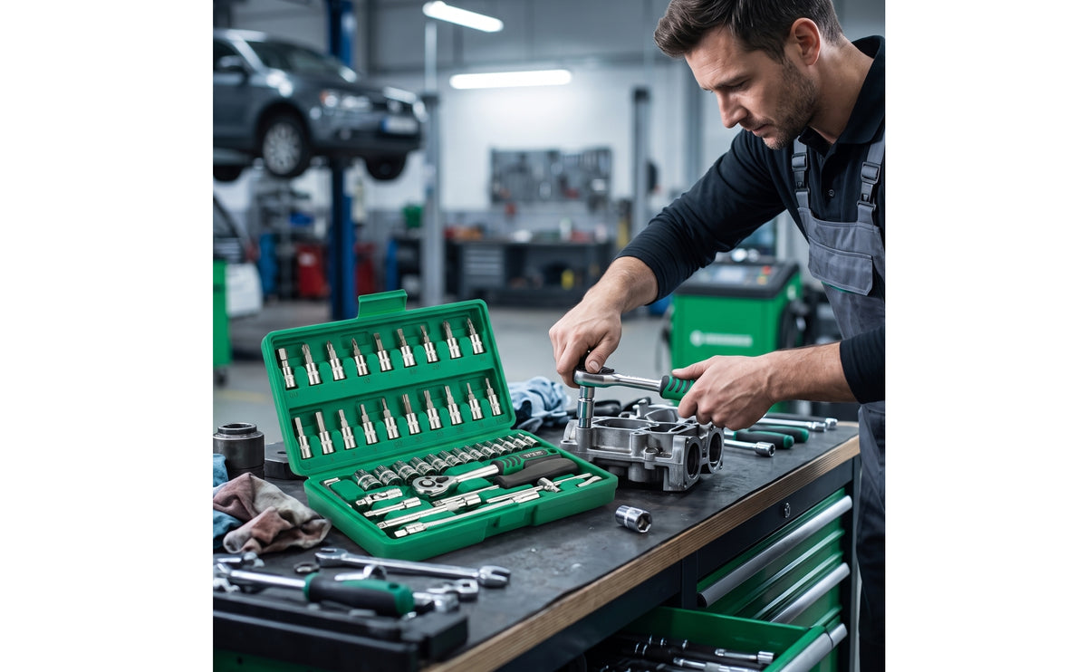 Socket Wrench Set Organized Socket Set with Case Polished Chrome Mechanics Tools Kit with for Home Mechanics, Car Repair, Garage, Roadside Emergencies