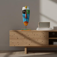 Tribal Symbol Figure Unique Gift Abstract Face Decor Hand Painted Wooden Face Carving Sculpture for Living Room