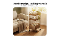 2-Tier Rolling Table Rattan Weave Accent 2-Tier Rolling Organizer Mobile Design Wood Top for Apartment Dwellers, Students