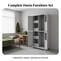 Dormitory Loft Bed with Drawers Space-Saving Steel Bunk Bed with Storage Guardrails Metal Wardrobe Cabinet for Workers, Adults, Hostel, Bedroom