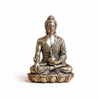 Brass Medicine Buddha Statue Artisan-Made Seated Buddha Sculpture on Lotus Base