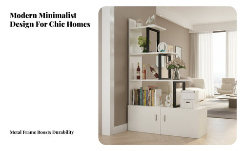 Steel and Wood Construction Room Divider with Shelves Multifunctional Partition Shelf with Cabinet Space Saving Modern Entrance Cabinet Easy to Assemble for Apartment Dwellers, Homeowners, Renters, Small Areas, Office, Bedroom