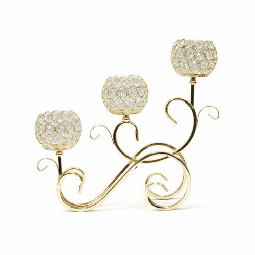 Candle Holder with Crystal Shades Gold-Tone 3-Lite Candelabra Ornate for Brides