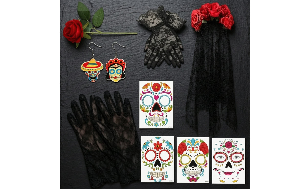 Lace Headscarf with Gloves Elegant Black Halloween Bridal Headscarf Skin-Friendly Accessory Set for Women, Halloween, Cosplay