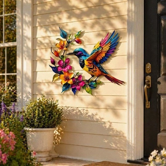 跨境Hummingbird Bloom Metal Wall Art蜂鸟彩色花朵金属背景装饰