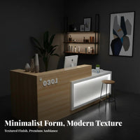 L-Shaped Reception Desk with LED Easy to Clean Glossy Finish Reception Counter Comprehensive Storage Area Front Desk for Retailers, Hotel Lobby