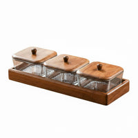 Glass Relish Dish Set with Wooden Tray Keeps Food Fresh & Dustproof Divided Serving Tray with Lids Retro Hammered Texture for Party Hosts, Parties