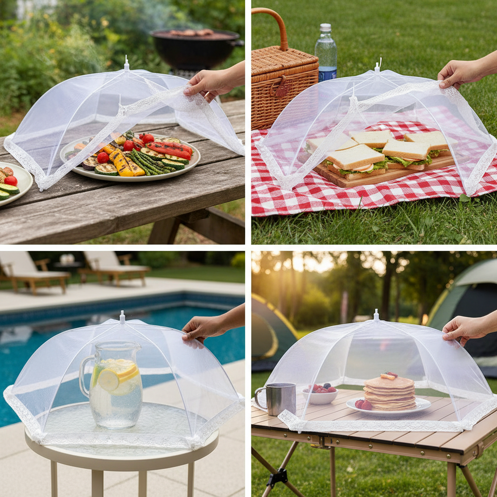 White Foldable Mesh Food Cover Tent for Dining Table and Leftovers, Anti-Fly Screen