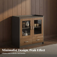 Walnut Finish Low Credenza with Glass Doors Modern Design Office Furniture Lockable Drawers Storage Cabinet for Business Owners, Administrative personnel, Decor devotees, Study Room